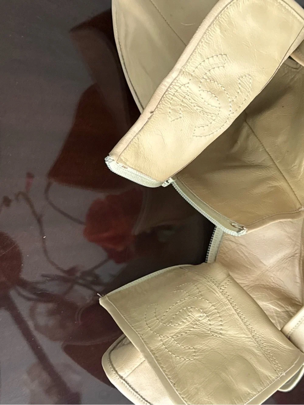 CHANEL Beige Fold-Over Leather Ankle Booties with Button Detail